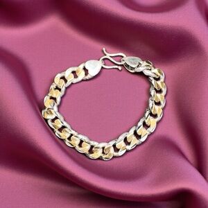 Elegant VINTAGE 1980’s .925 Silver CUBAN LINK w/Gold ACCENTS Bracelet 32grams